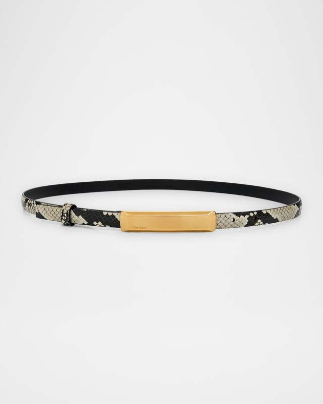 Croc-Embossed Leather Skinny Belt